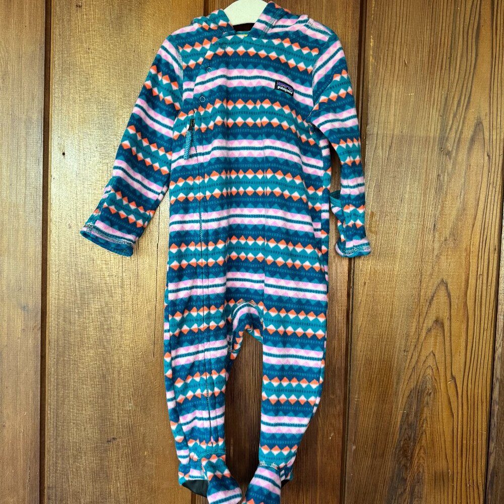 Patagonia Kids Footed One-Piece Fleece Romper in Teal, Pink & Orange Geo Print